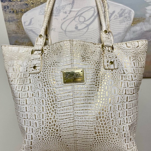 Marc Fisher Handbags - MARC FISHER Tote bag, approx 17”W x 13”H x 4”, White/gold Alligator look PVC